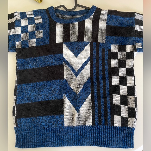 Funky retro vintage hand knit 80s sweater with checkerboard, stripes, and more! - Picture 2 of 7